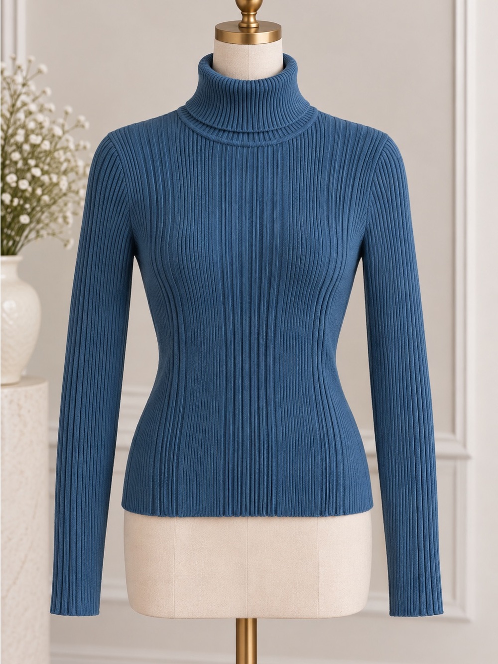 Link Blue Ribbed Turtleneck Sweater